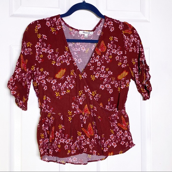 Madewell Tie Sleeve Wrap Top Butterfly Print - Picture 2 of 10